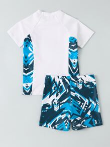 Tween Boy Letter & Geo Print Beach Swimsuit - Blue and White - View 2