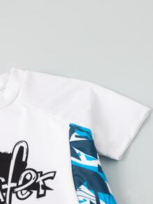 Tween Boy Letter & Geo Print Beach Swimsuit - Blue and White - View 3