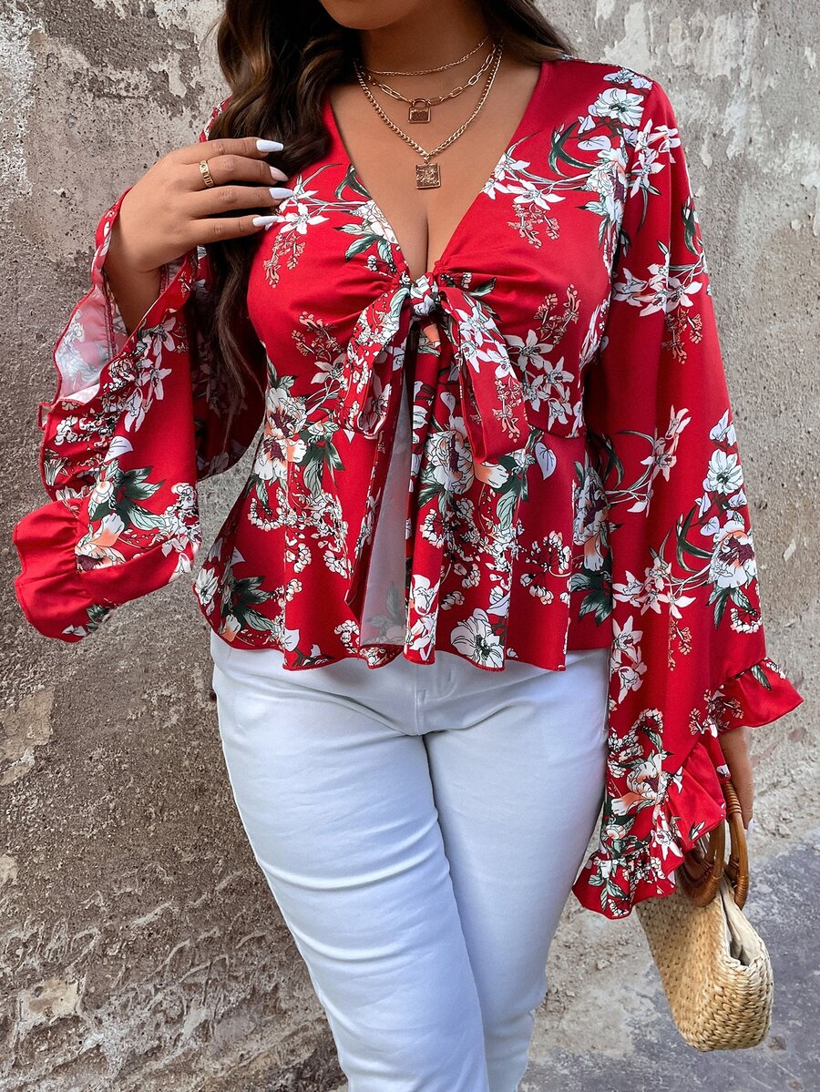 SHEIN Holidaya Plus Floral Print Knot Front Flounce Sleeve Peplum Blouse - Multicolor - View 1