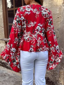 SHEIN Holidaya Plus Floral Print Knot Front Flounce Sleeve Peplum Blouse - Multicolor - View 2