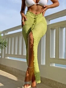 Swim Vcay Summer Beach Lettuce Trim Split Thigh Frill Trim Cover Up Skirt - Lime Green - View 1