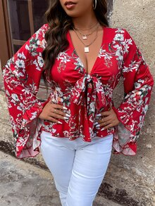 SHEIN Holidaya Plus Floral Print Knot Front Flounce Sleeve Peplum Blouse - Multicolor - View 5