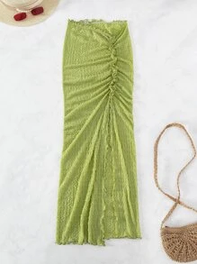 Swim Vcay Summer Beach Lettuce Trim Split Thigh Frill Trim Cover Up Skirt - Lime Green - View 7