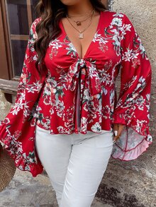 SHEIN Holidaya Plus Floral Print Knot Front Flounce Sleeve Peplum Blouse - Multicolor - View 6