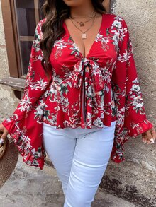 SHEIN Holidaya Plus Floral Print Knot Front Flounce Sleeve Peplum Blouse - Multicolor - View 7