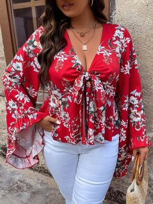 SHEIN Holidaya Plus Floral Print Knot Front Flounce Sleeve Peplum Blouse - Multicolor - View 8
