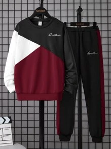 SHEIN Boys Letter Graphic Colourblock Sweatshirt & Joggers - Maroon - View 1