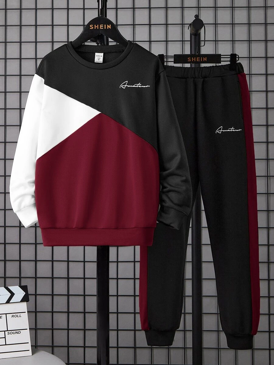 SHEIN Boys Letter Graphic Colourblock Sweatshirt & Joggers - Maroon - View 1