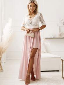 Acelitt Contrast Lace Panel Split Thigh Dress - Multicolor - View 1