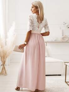 Acelitt Contrast Lace Panel Split Thigh Dress - Multicolor - View 2