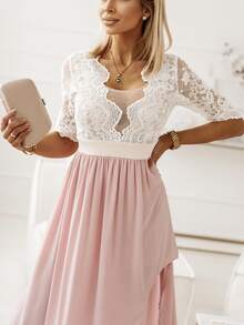 Acelitt Contrast Lace Panel Split Thigh Dress - Multicolor - View 5