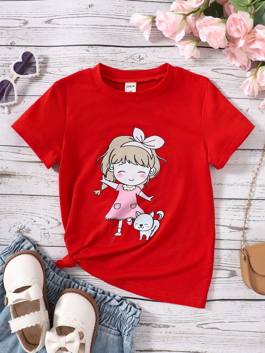 SHEIN Toddler Girl's Casual Cartoon Printed Short Sleeve T-shirt For Summer - Red - View 1