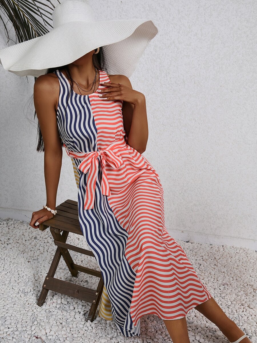 SHEIN VCAY Vestido con cinturón de color combinado con estampado de rayas - Multicolor - Ver 1