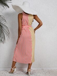SHEIN VCAY Vestido con cinturón de color combinado con estampado de rayas - Multicolor - Ver 2