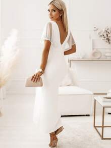 Mesh Insert Butterfly Sleeve Split Thigh Dress - White - View 2