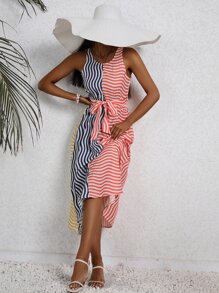 SHEIN VCAY Vestido con cinturón de color combinado con estampado de rayas - Multicolor - Ver 3
