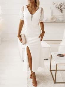 Mesh Insert Butterfly Sleeve Split Thigh Dress - White - View 4