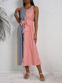 SHEIN VCAY Vestido con cinturón de color combinado con estampado de rayas - Multicolor - Ver 4