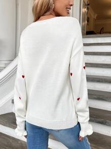 SHEIN Frenchy 刺繡愛心圖案落肩袖套頭毛衣 - 白色 - 查看 2