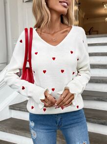 SHEIN Frenchy 刺繡愛心圖案落肩袖套頭毛衣 - 白色 - 查看 3