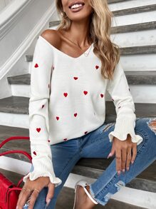 SHEIN Frenchy 刺繡愛心圖案落肩袖套頭毛衣 - 白色 - 查看 4