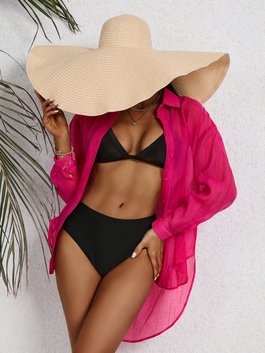 SHEIN VCAY Camisa unicolor irregular con botón delantero sin bikini