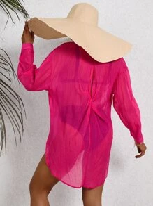 SHEIN VCAY Camisa unicolor irregular con botón delantero sin bikini