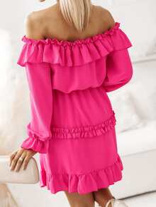 一字肩荷葉邊洋裝 - 玫紅色 - 查看 2