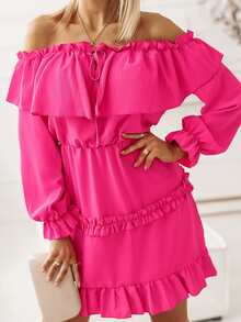 一字肩荷葉邊洋裝 - 玫紅色 - 查看 4