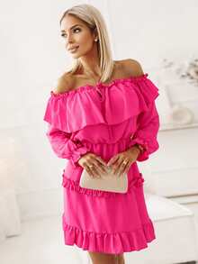 一字肩荷葉邊洋裝 - 玫紅色 - 查看 5