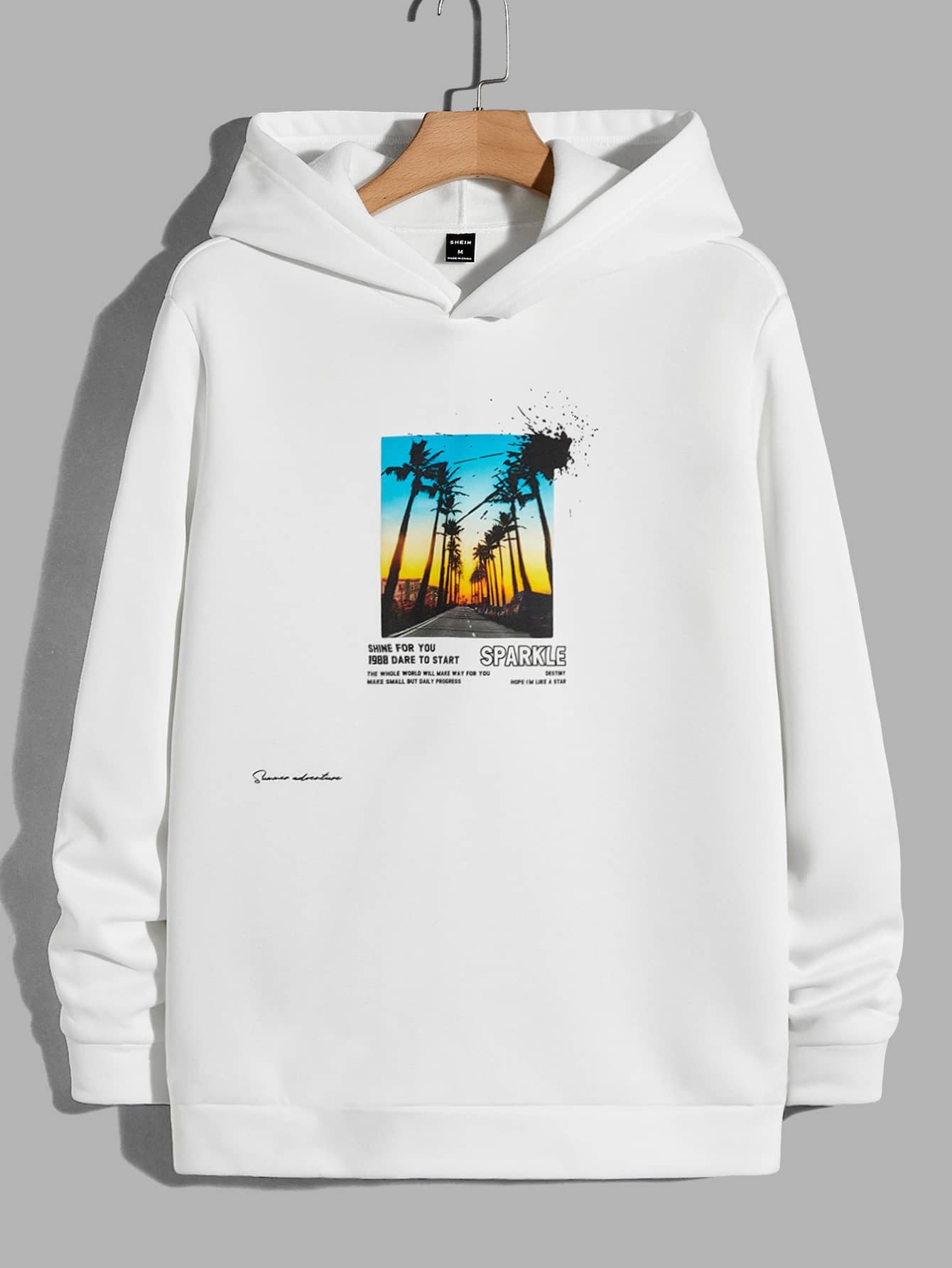 Manfinity Men Slogan & Palm Tree Print Hoodie - White - View 1