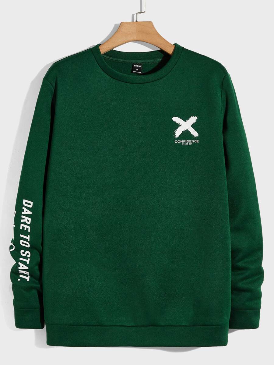 Manfinity Men Letter Graphic Sweatshirt - Dark Green - View 1