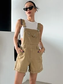 DAZY Cuộn lên Hem Vá Túi Quần yếm Denim Không có Áo ba lỗ - Màu Khaki - Xem 1