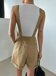 DAZY Cuộn lên Hem Vá Túi Quần yếm Denim Không có Áo ba lỗ - Màu Khaki - Xem 2