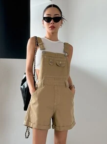 DAZY Cuộn lên Hem Vá Túi Quần yếm Denim Không có Áo ba lỗ - Màu Khaki - Xem 4