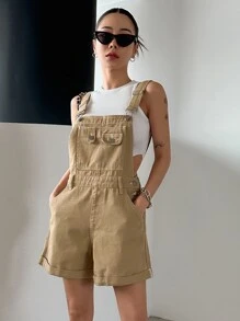 DAZY Cuộn lên Hem Vá Túi Quần yếm Denim Không có Áo ba lỗ - Màu Khaki - Xem 5