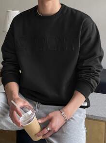 DAZY Hombres Sudadera con patrón de letra de hombros caídos - Negro - Ver 1