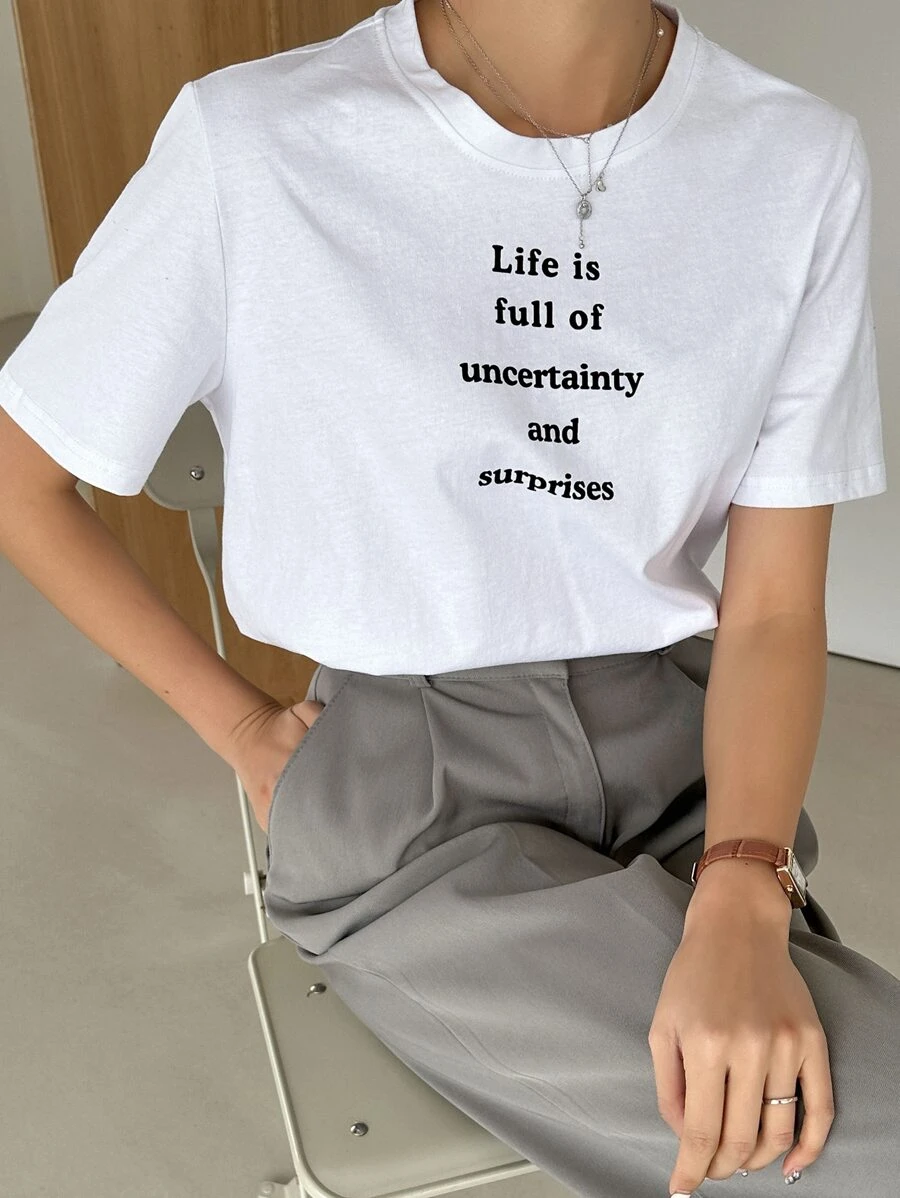 DAZY Slogan Graphic Round Neck Tee - White - View 1