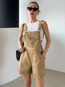 DAZY Cuộn lên Hem Vá Túi Quần yếm Denim Không có Áo ba lỗ - Màu Khaki - Xem 7