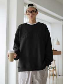 DAZY Hombres Sudadera con patrón de letra de hombros caídos - Negro - Ver 3