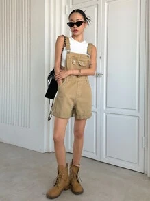 DAZY Cuộn lên Hem Vá Túi Quần yếm Denim Không có Áo ba lỗ - Màu Khaki - Xem 8
