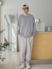 DAZY Hombres Sudadera con patrón de letra de hombros caídos - Gris - Ver 5