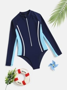 Girls Color Block Zipper Front One Piece Swimsuit - Navy Blue - View 1