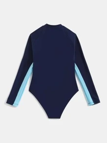 Girls Color Block Zipper Front One Piece Swimsuit - Navy Blue - View 2