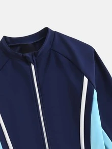 Girls Color Block Zipper Front One Piece Swimsuit - Navy Blue - View 3