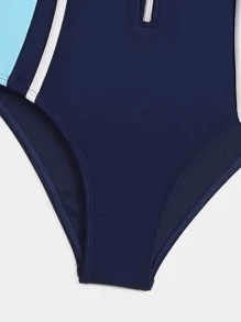 Girls Color Block Zipper Front One Piece Swimsuit - Navy Blue - View 4