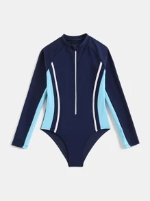 Girls Color Block Zipper Front One Piece Swimsuit - Navy Blue - View 5