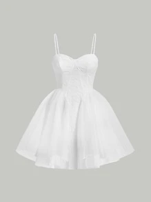 SHEIN MOD Elegant Solid Bustier Contrast Jacquard Cami Dress - White - View 1