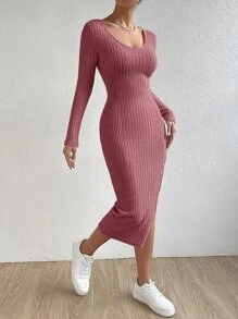 SHEIN Essnce 大圓領條紋針織高衩緊身洋裝