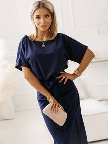 Batwing Sleeve Split Thigh Belted Dress - Navy Blue - View 5